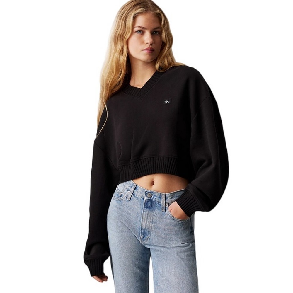 CALVIN KLEIN JEANS WOVEN LABEL V-NECK SWEATSHIRT ΜΠΛΟΥΖΑ ΓΥΝΑΙΚΕΙΑ BLACK