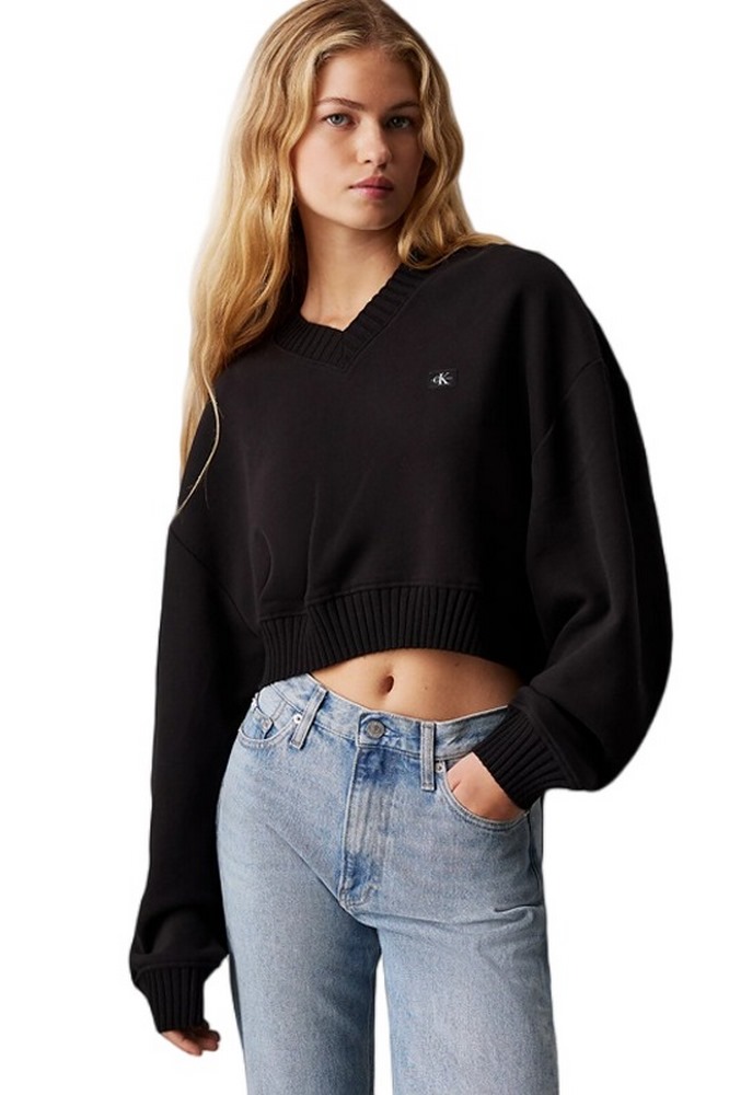 CALVIN KLEIN JEANS WOVEN LABEL V-NECK SWEATSHIRT ΜΠΛΟΥΖΑ ΓΥΝΑΙΚΕΙΑ BLACK