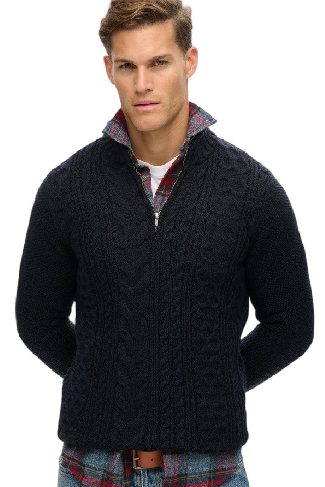 SUPERDRY D1 OVIN JACOB CABLE KNIT HALF ZIP ΜΠΛΟΥΖΑ ΠΛΕΚΤΗ ΑΝΔΡΙΚΗ NAVY