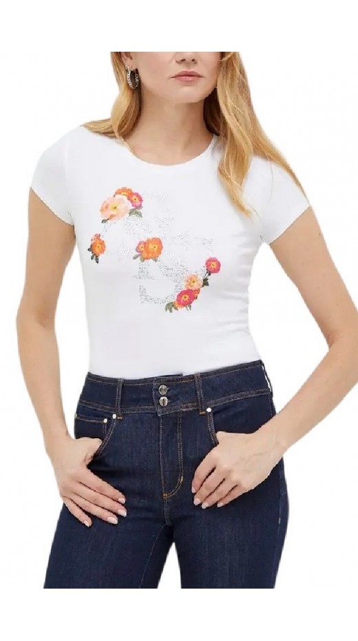 GUESS FLOWER QUATTRO LOGO T-SHIRT  ΜΠΛΟΥΖΑ  ΓΥΝΑΙΚΕΙΑ WHITE