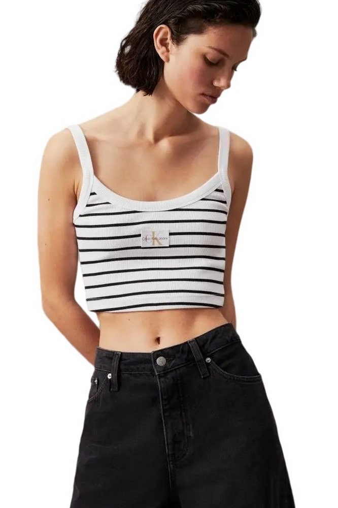 CALVIN KLEIN JEANS WOVEN LABEL RIB BRALETTE ΤΟΠ ΓΥΝΑΙΚΕΙΟ WHITE/BLACK