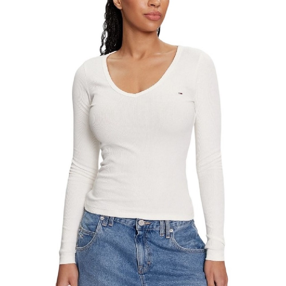 TOMMY JEANS SLIM ESSENTIAL RIB V LS ΜΠΛΟΥΖΑ ΓΥΝΑΙΚΕΙΑ WHITE