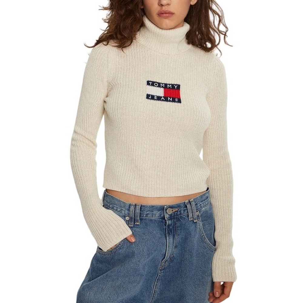 TOMMY JEANS MELANGE TRTLNCK FLAG SWEATER ΜΠΛΟΥΖΑ ΠΛΕΚΤΗ ΓΥΝΑΙΚΕΙΑ BEIGE