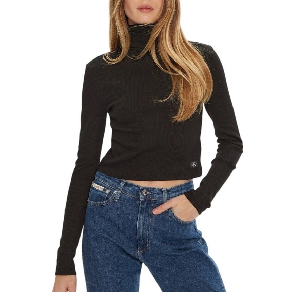 CALVIN KLEIN JEANS WOVEN LABEL RIB ROLLNECK ΜΠΛΟΥΖΑ ΓΥΝΑΙΚΕΙΑ BLACK