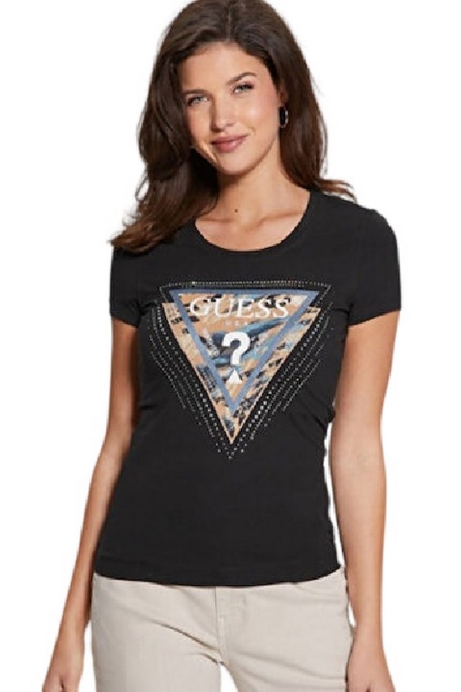 GUESS CN LEO TRIANGLE TEE T-SHIRT ΜΠΛΟΥΖΑ ΓΥΝΑΙΚΕΙΑ BLACK